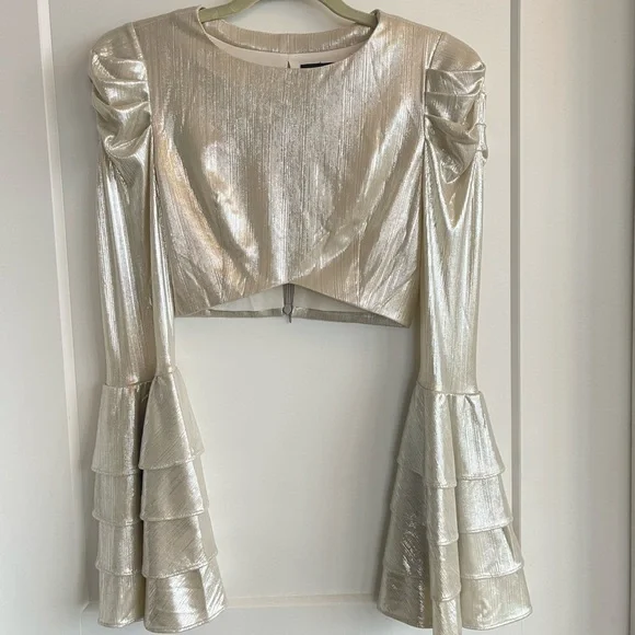 RETROFETE/ Revolve Crop Top XS - Crop Bell Sleeve Shimmer metallic Top. NWT $375 - Picture 3 of 7